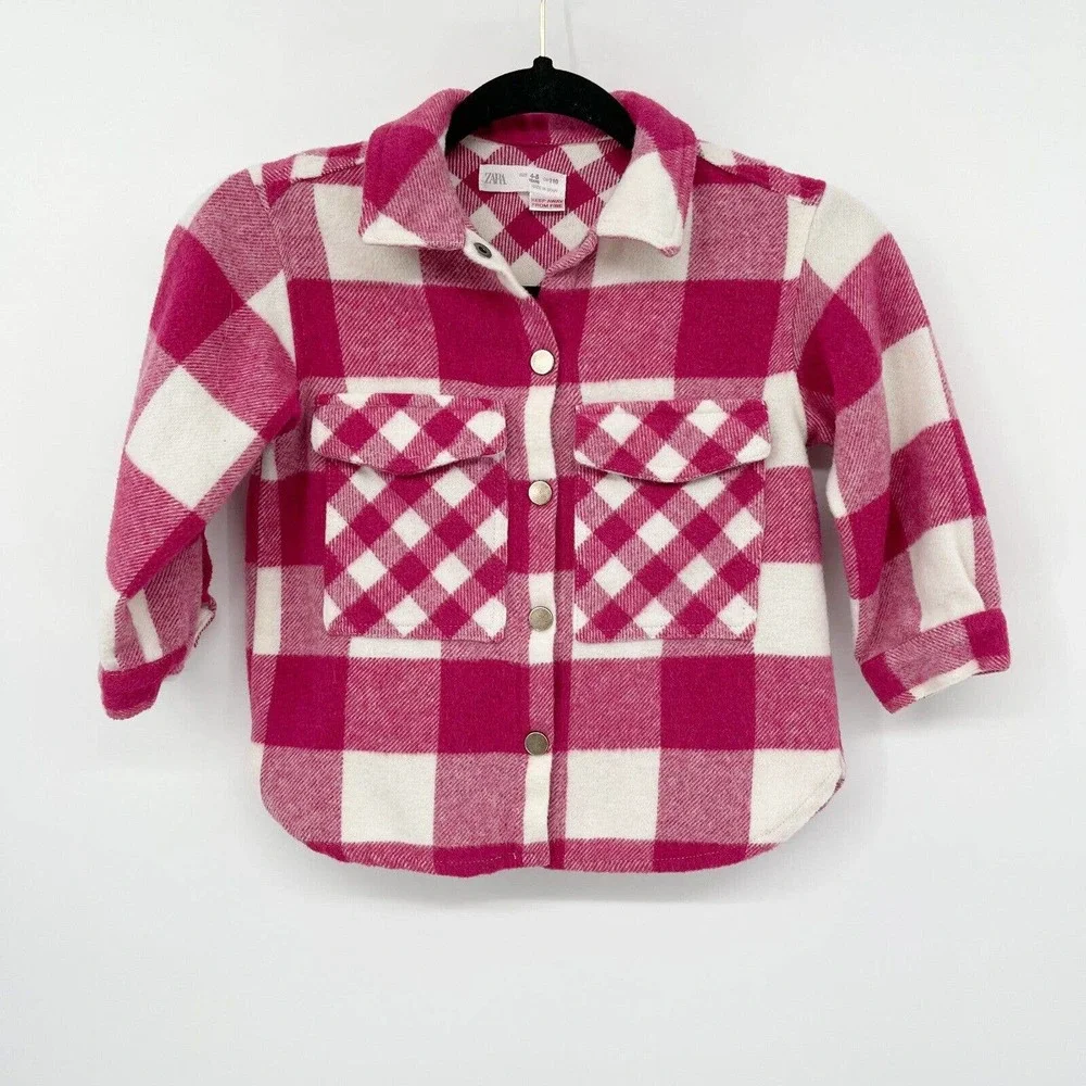 Zara Plaid Overshirt Jacket Girls 4-5 Years‎ Pink White Flannel Button Down Wool